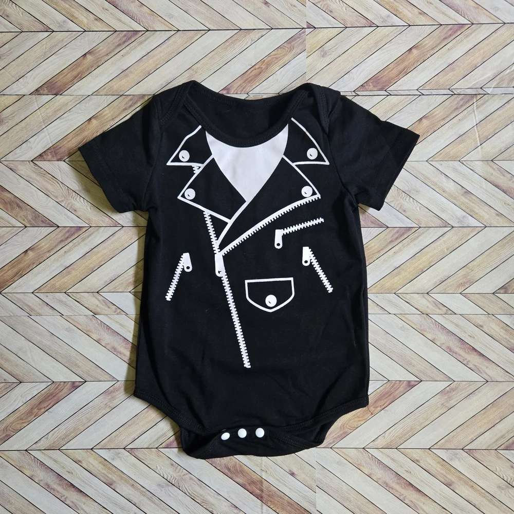 Baby Boy Faux Biker Jacket Onesie Rocker Outfit Black White Tuxedo Bodysuit 3-6M